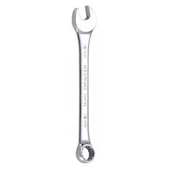 This metric spline combination wrench features an 18 mm head size with an offset design for improved access in confined spaces. The chrome finish provides corrosion resistance. Suitable for tightening or loosening 18 mm fasteners in mechanical maintenance and repair tasks.
