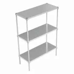This aluminum open metal shelving unit features a solid shelf with a mill finish. It measures 68 1/4 inches high by 20 inches deep by 48 inches wide and comes in a Silvery White/Gray color. Suitable for storage in workshops, garages, and warehouses where corrosion resistance is needed.