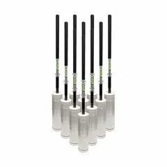 This long-handle stretch wrap dispenser accommodates rolls from 12 in to 18 in width, with a dispenser weight of 2 lb. Sold in a 10-pack for high-volume packaging operations, it is used to apply stretch film around pallet loads for secure shipping and storage.