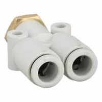 This SMC wye fitting is made of polybutylene and brass with a white finish. It has a 35 mm overall length and connects 6 mm OD tubes to a 5 mm pipe thread. Used to split or combine pneumatic tubing lines in industrial automation, packaging, and material handling systems