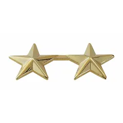 Metallic rank insignia featuring two stars, measuring 5/8 inch, in gold finish. Constructed of metal with a clutch pin attachment for secure fastening. Commonly used on dress uniforms, caps, or collars to denote rank in military or uniformed services.