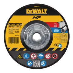 General purpose cut-off wheel for carbon and stainless steel. Type 27 depressed center design with aluminum oxide abrasive, 24 grit, and A24R series bond. Dimensions: 5" diameter, 3/32" thickness, 5/8"-11 arbor. Suitable for metal fabrication, maintenance, and repair tasks.
