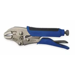 These 10-inch curved-jaw locking pliers feature a quick-release mechanism for fast adjustment and release. With a maximum jaw opening of 1 7/8 inches and a jaw length of 1 1/8 inches, they are suited for clamping and gripping round or irregular workpieces in maintenance, fabrication, and repair tasks.