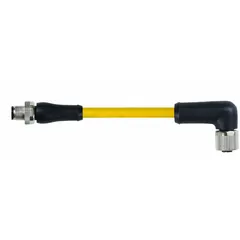 Double-ended cordset with a yellow TPE jacket for heavy-duty industrial environments. Features a 4-pin M12 male straight connector on one end and a 4-pin M12 female right-angle connector on the other, with 5 m cable length, 16 AWG wire size, and IP67 rating. Suitable for connecting sensors, actuators, and automation equipment in harsh conditions.