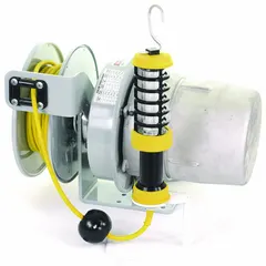 This hazardous location cord reel is designed for use in areas where flammable gases or dust may be present. It features a 50 ft retractable cord with 16 AWG wire, a bare wire feeder end, and SO cord type, operating at 125V AC. Suitable for industrial environments requiring safe electrical access and localized lighting for maintenance, repair, and inspection tasks.