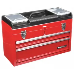 This steel tool box is finished in red and includes a padlock for secure storage. It has one compartment and is suited for organizing hand tools, parts, and small equipment in workshops, garages, and job sites.