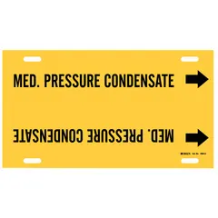 This strap-on pipe marker identifies medium-pressure condensate lines in industrial piping systems. The yellow background with black legend and directional arrows provides clear labeling for maintenance and safety. It fits pipe outer diameters from 8 to 9-7/8 inches and is supplied as a single marker.