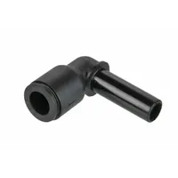 Nylon and nickel-plated brass elbow fitting with push-to-connect ends for 8 mm OD and 10 mm OD tubing. Used in pneumatic systems for 90° directional changes in compressed air lines and automation equipment