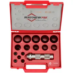 This 16-piece gasket punch set includes hollow punches in sizes 1 in, 3/8 in, 5/8 in, 7/8 in, and 4 3/4 in overall length, plus a 16 mm punch. Supplied in a vinyl case, it is used for cutting precise holes in gasket materials during fabrication and repair.