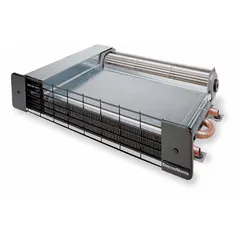 Hydronic kickspace heater for under-cabinet or toe-kick installation. Delivers 103 cfm air flow with 1/2 in non-threaded pipe connections. Overall dimensions: 4 in H x 19-1/4 in W x 12-3/4 in D; rough-in: 4 in H x 12-3/4 in W x 12-1/4 in D. Designed for use with hot-water boiler systems in spaces with limited wall area.