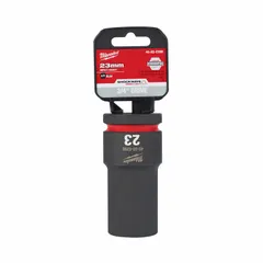 This 3/4" drive impact socket features a 23 mm metric, 6-point, deep design with friction retention for secure engagement on extended fasteners. The black phosphate finish provides corrosion resistance. Suitable for heavy-duty fastening and loosening tasks in industrial, automotive, and construction applications.