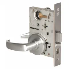 This classroom lever lockset features a satin chromium-plated stainless steel finish and is ADA compliant for accessibility. It includes an interchangeable core and 45H rose trim, with ANSI F05 function allowing free egress while requiring a key or credential to lock the outside lever. Suitable for interior doors in educational and commercial settings.