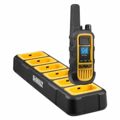 Multi-unit charger for DEWALT DXFRS800 series radios. Charges up to six radios simultaneously. Operates on 100 to 240 V AC input. Suitable for environments where multiple radios require concurrent charging.