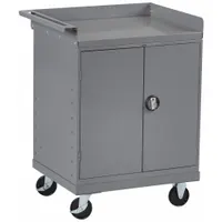 This mobile cabinet bench with shelves is constructed of steel with a gray finish. It has an overall load capacity of 1000 lb and is supplied partially assembled. Suitable for use as a portable workstation in industrial workshops, maintenance areas, and assembly lines