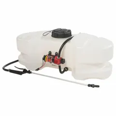 The FIMCO LG-15-EC is a 15-gallon tailgate sprayer designed for ATV or vehicle mounting. It features a cordless, battery-powered pump for portable operation. Typical applications include agricultural spraying, weed control, pasture management, and general property maintenance.