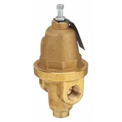 Brass pressure regulator with 1/2 in female NPT connections, designed to reduce and stabilize inlet pressures from 100 psi to 250 psi. Suitable for commercial water systems, irrigation, and industrial fluid handling applications requiring consistent outlet pressure control. Rated for operating temperatures up to 180°F.