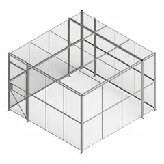 Welded-wire security enclosure measuring 12 ft wide by 12 ft deep by 8 ft high. Includes four sides, a ceiling panel, and a hinged door that swings outward with a keyed different cylinder lock. Finished in gray powder coating. Suitable for securing tools, inventory, or equipment in industrial facilities, warehouses, and distribution centers.