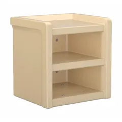 Three-shelf nightstand from the Endurance series. Overall dimensions: 21 1/2 in height, 21 in width, 18 in depth. Suitable for bedside use in hospitality, dormitory, or healthcare settings.