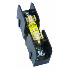 1-pole open block design fuse holder for midget fuses rated 600 V AC. Features box lug terminals for copper or aluminum conductors. Non-indicating type. Used in industrial control panels, motor control centers, and distribution equipment for overcurrent protection.