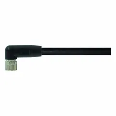 Single-ended cordset with black PUR jacket, M8 female right-angle connector on one end and bare wire on the other. 4 pins, 2 m cable length, 24 AWG wire size, IP67 rating. Suitable for connecting sensors and actuators in industrial automation, especially in twisting applications and tight spaces.