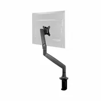 This steel monitor arm supports monitors up to 20 lb and swivels +/-90 degrees. It mounts via clamp or grommet to a desk or workbench, freeing workspace and enabling ergonomic viewing. Suitable for office or industrial settings where adjustable monitor positioning is needed