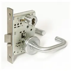 This classroom security lever lockset is designed for educational facilities, allowing doors to be locked from the inside without exiting. It features a satin chromium-plated stainless steel finish, ADA-compliant lever, and an interchangeable core for keying flexibility. Suitable for high-traffic institutional environments.