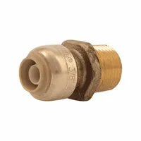 This brass push-to-connect tube fitting connects 3/8 in pipe to 1/2 in pipe with a Push-to-Connect x MNPT configuration. It enables solder-free, clamp-free installation for water or air lines in industrial plumbing systems