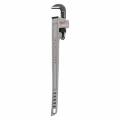 This straight pipe wrench features serrated lever jaws for gripping and turning pipes and fittings. With a 2 in jaw capacity and 20-1/2 in overall length, it is suited for plumbing, mechanical, and industrial tasks requiring secure hold and torque on round objects.
