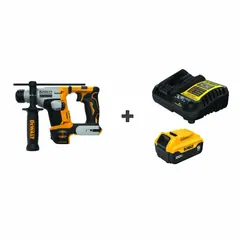 This cordless rotary hammer features an L-shape design and delivers 1,100 bpm with 1.03 ft-lb of impact energy. It accepts SDS-Plus bits up to 1/2 in. and includes a 5.0 Ah battery and charger. Suitable for drilling and light chiseling in concrete, masonry, and stone.