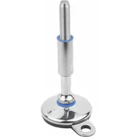 Hygienic male leveling mount with polished finish, round base, and M20 thread size at 80 mm. Rated for 20 kN load capacity and includes mounting holes for secure installation. Used for leveling and stabilizing machinery in environments requiring corrosion resistance