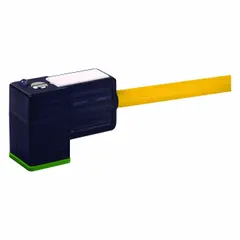 This cordset connects DIN Form A solenoid valves to M12 male straight connectors for signal or power transmission in industrial automation. It features a 0.3 m yellow PUR cable, 18 AWG wire, 3 pins, and IP67 protection against dust and water ingress.
