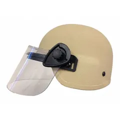 Level IIIA ballistic helmet with tan aramid shell, size S suspension, and Paulson face shield. Provides protection against handgun rounds and fragmentation. Suitable for law enforcement, security, and tactical applications.