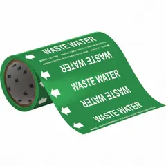 Green adhesive pipe marker with white legend reading 'Waste Water' and directional arrows. Designed for pipes with an outside diameter of 2 inches and smaller. Each pack contains 30 markers for identifying waste water lines in industrial piping systems.