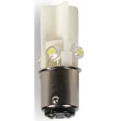 This LED lamp features a T3-1/4 tubular bulb shape with a BA15d double-contact bayonet base. It operates on 24 V AC/DC and emits white light. Suitable for use in panel indicators, annunciators, and control system signaling applications.