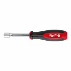 This MILWAUKEE HollowCore nut driver features a pass-through design allowing fasteners to extend through the tool, suitable for threaded rods and long bolts. It has a magnetized tip for fastener retention and is intended for SAE hex fasteners. Common applications include electrical, mechanical, and general construction tasks.