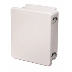 Fiberglass submersible enclosure measuring 6 x 6 x 4 inches with a hinged solid cover and padlock hasp closure. Rated NEMA 1, 12, 3R, 4X, and 6P for indoor, outdoor, washdown, and temporary submersion applications. No knockouts provided. Suitable for protecting electrical controls, terminals, and instruments in environments requiring corrosion resistance and watertight sealing.