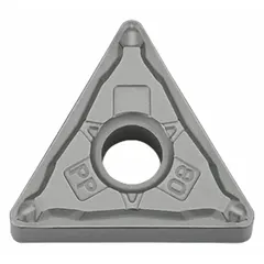 Triangle (T) indexable turning insert made of cermet. Used for finish turning of steel and stainless steel in lathe operations. Provides high wear resistance and smooth surface finish.