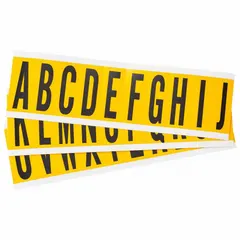 Character set includes letters A to Z, 1 15/16 in height, Gothic font, black on yellow, non-reflective. Suitable for indoor/outdoor identification of equipment, panels, pipes, and storage areas. Not self-spacing or self-aligning.