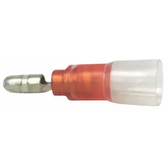 Male bullet disconnect with brazed seam and crimp termination. Waterproof design with red nylon housing and heat shrink. Suitable for wire termination in electrical systems.