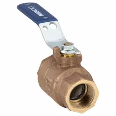 This NIBCO bronze ball valve features a straight body with FNPT x FNPT connections and a lever handle. Rated for 600 psi CWP, it provides manual quarter-turn shut-off for water, oil, and gas lines in industrial piping systems.