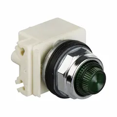 Red LED pilot light from the SQUARE D 9001K series with a 30 mm panel mounting size. Rated for a maximum supply voltage of 14 V. Does not include push-to-test feature. Used as a visual status indicator on industrial control panels.