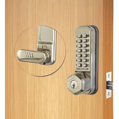 Stainless steel mechanical keyless access lockset with push-button code entry. Includes Standard SC1 Keyway for key override. Suitable for interior or exterior doors in commercial and industrial facilities.