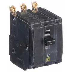 The SQUARE D QOB320VH is a 20 A, three-phase, bolt-on miniature circuit breaker with a 22kA interrupting rating at 120/240V AC. This 3-pole breaker provides overcurrent protection in electrical distribution systems and is designed for use with Square D NQOD panelboards.