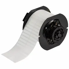 Thermal transfer precut label roll with acrylic permanent adhesive, halogen-free material, and 7,000 labels per roll. Designed for use with BBP33 printer series for on-demand identification and labeling of equipment, cables, and panels.