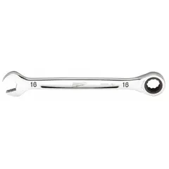 This 16 mm metric 12-point ratcheting combination wrench is constructed from chrome vanadium steel with a chrome finish. It is designed for tightening and loosening fasteners in automotive repair, machinery maintenance, and industrial assembly applications.