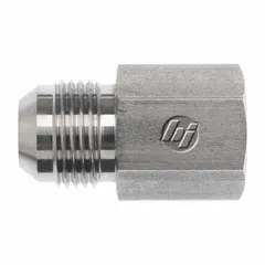 This 316 stainless steel hydraulic adapter connects JIC male to NPTF female ports. With a 3/8 in fitting size and 9/16-18 thread, it is used in fluid power systems for industrial machinery and mobile equipment requiring corrosion resistance.