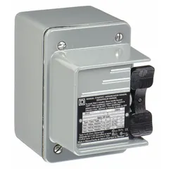 Enclosed non-reversing manual motor starter with thermal overload protection. Rated 16 A, 2 poles, operated by a toggle switch. Requires one thermal unit (not included). Suitable for on/off control and protection of single-phase or two-phase motors in applications such as pumps, conveyors, and machine tools.