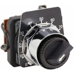This 30 mm panel-mounting potentiometer features a standard knob and a metallic black bezel. It includes a dial plate and has a maximum resistance rating of 5,000 ohms. Suitable for manual adjustment of electrical resistance in industrial control panels, such as speed controls or voltage dividers.