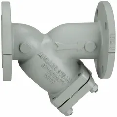 This Y strainer features a carbon steel body with flanged ends and a 304 stainless steel perforated screen with 0.062 in openings. The seal is compressed non-asbestos. It is used in pipeline systems to remove debris from steam, water, or other process fluids, protecting downstream equipment.