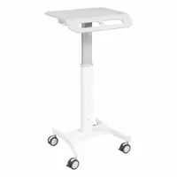 This mobile workstation is constructed from steel and features a caster configuration of two swivel casters and two swivel casters with brakes. It includes no drawers or shelves. Typical applications include use in healthcare settings for transporting medical equipment and supplies